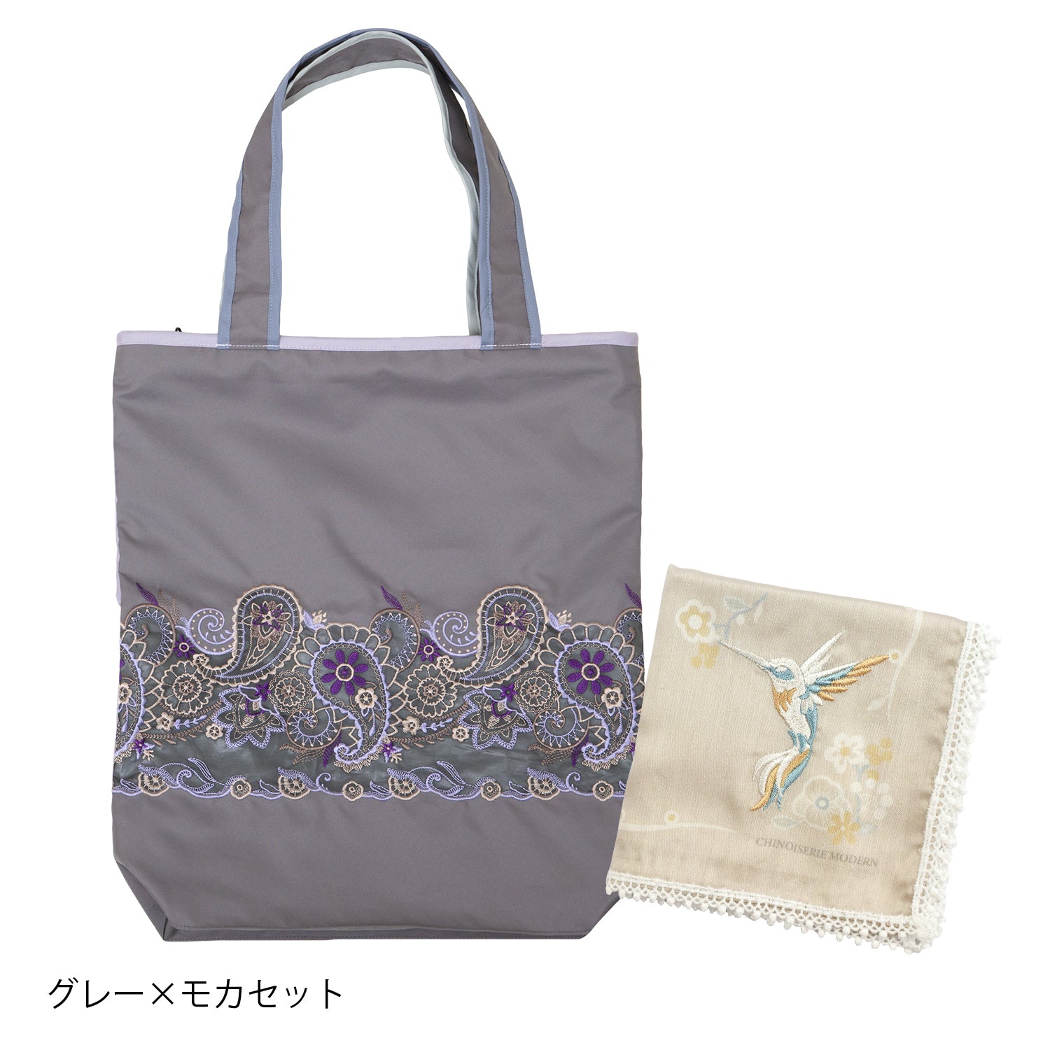 ペイズリー更紗 オーガンジーカットワーク刺繍 防水・撥水トートバッグ &花鳥刺繍 綿ローンハンカチセット