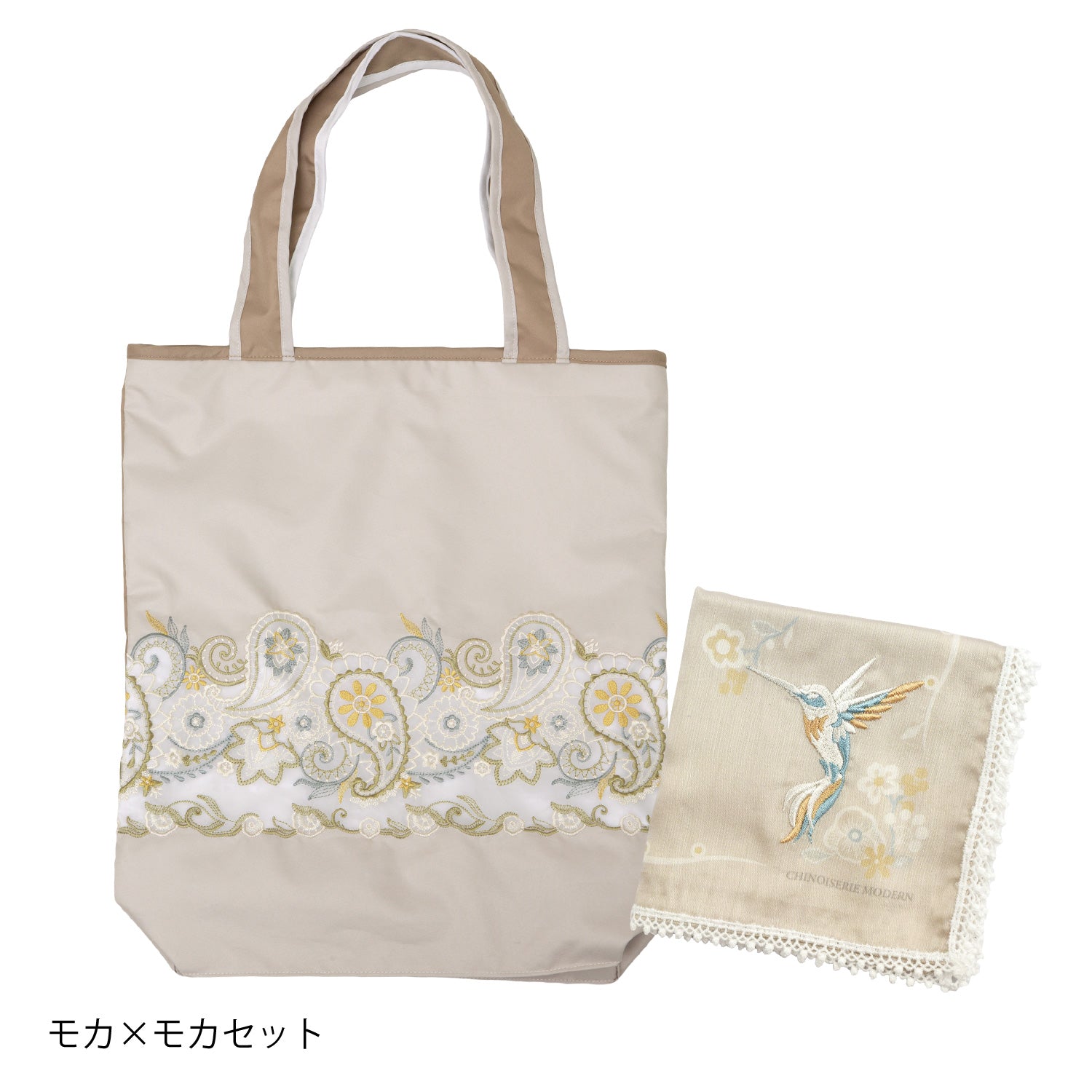 ペイズリー更紗 オーガンジーカットワーク刺繍 防水・撥水トートバッグ &花鳥刺繍 綿ローンハンカチセット