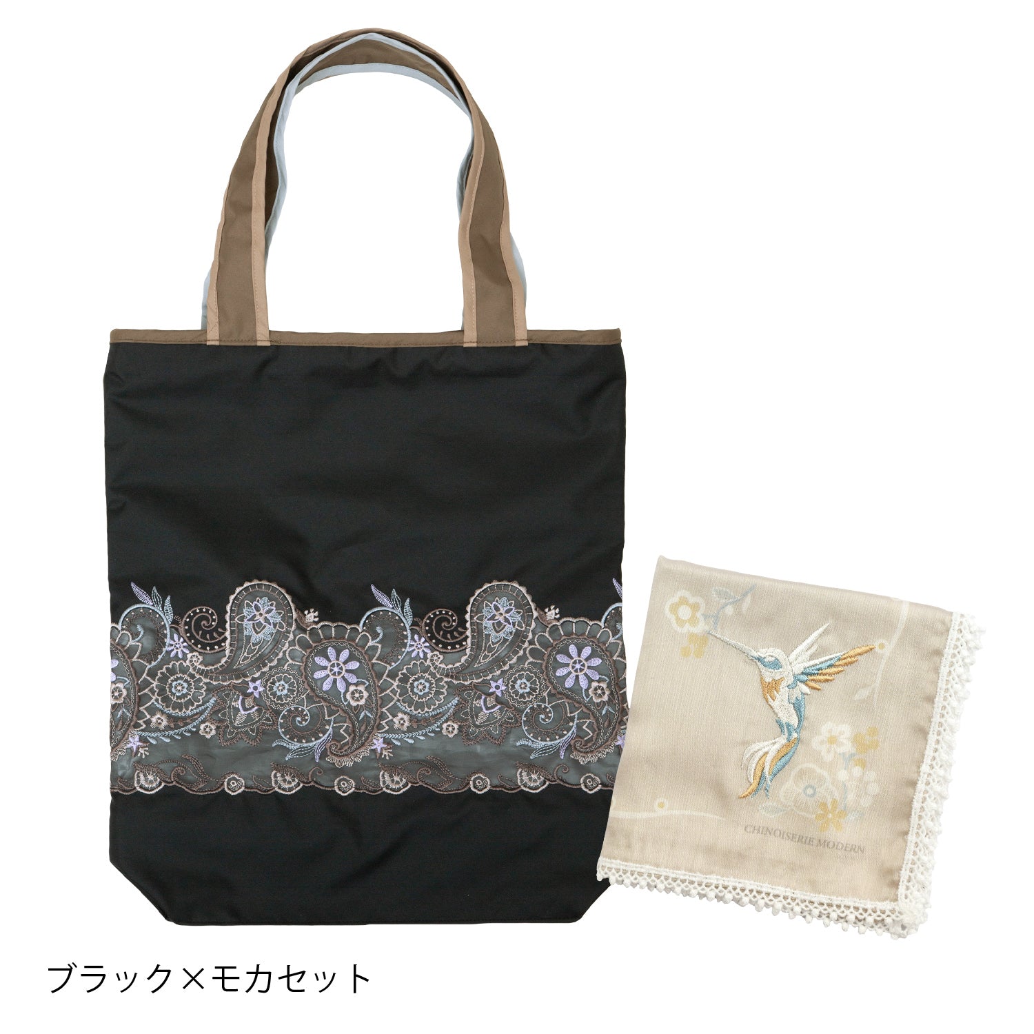 ペイズリー更紗 オーガンジーカットワーク刺繍 防水・撥水トートバッグ &花鳥刺繍 綿ローンハンカチセット
