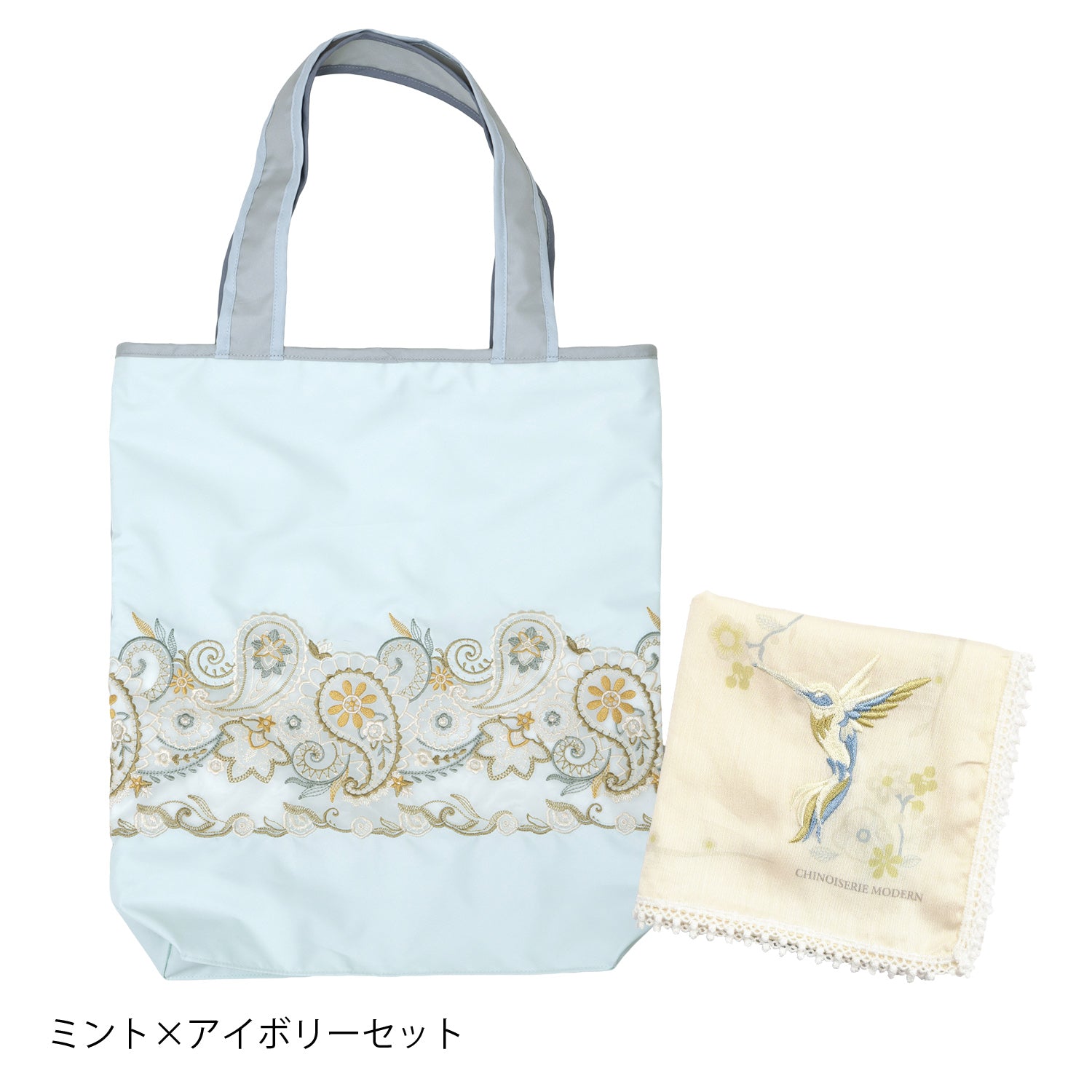 ペイズリー更紗 オーガンジーカットワーク刺繍 防水・撥水トートバッグ &花鳥刺繍 綿ローンハンカチセット
