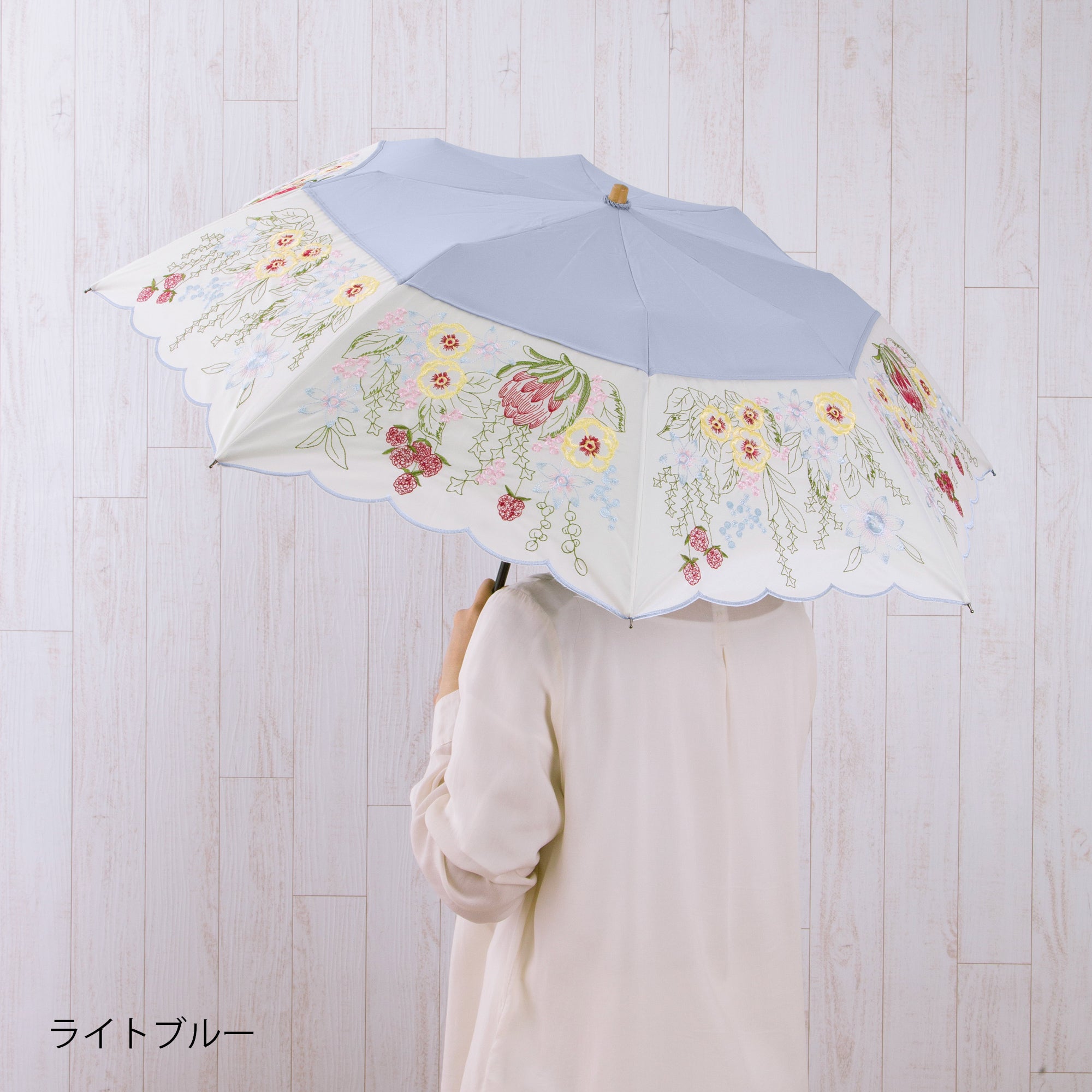 花束みたいな刺繍 かわず張り晴雨兼用ショート折日傘