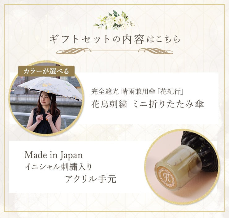 花鳥刺繍晴雨兼用 ミニ折りたたみ日傘&イニシャル手元セット
