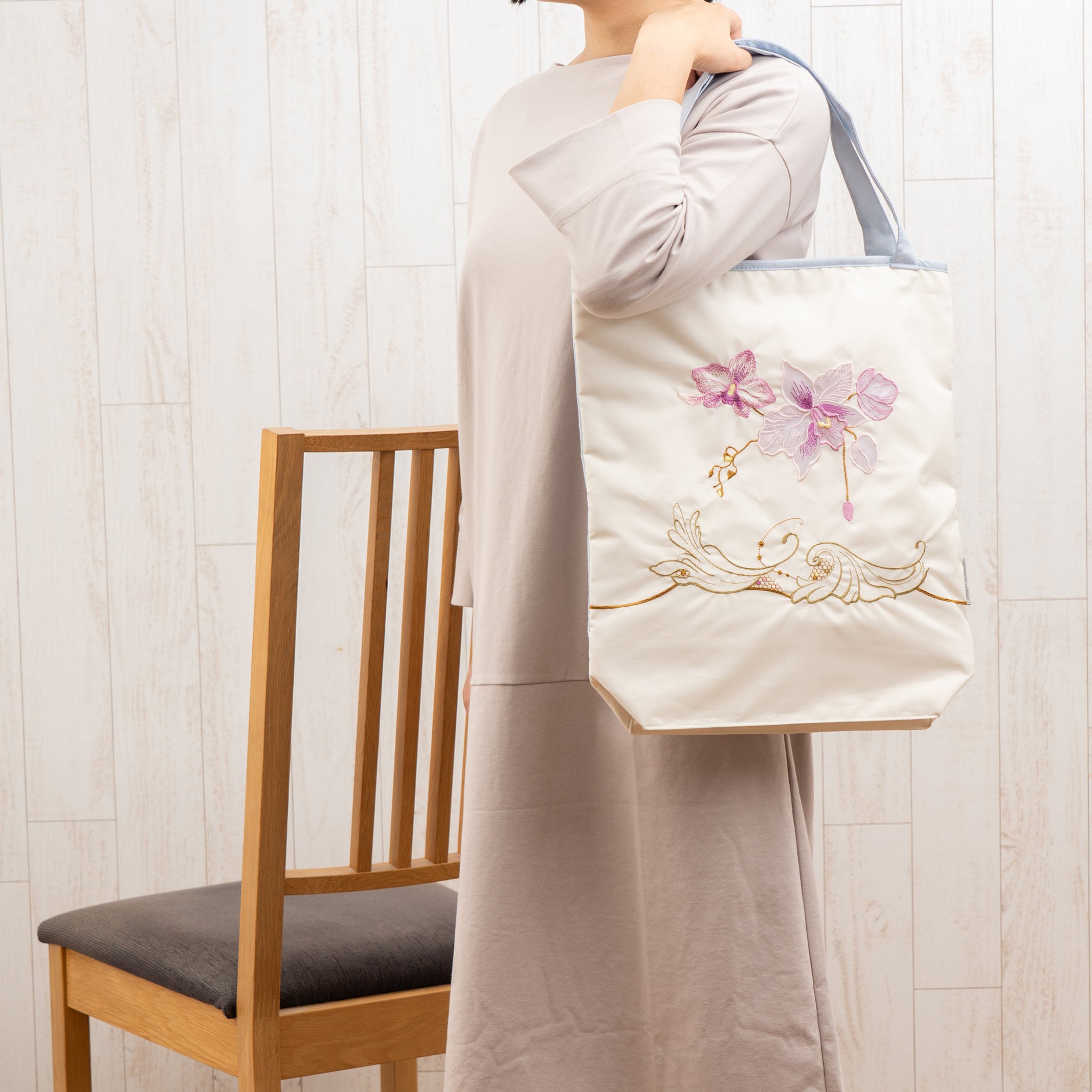 蘭花オーガンジー刺繍 防水・撥水トートバッグ