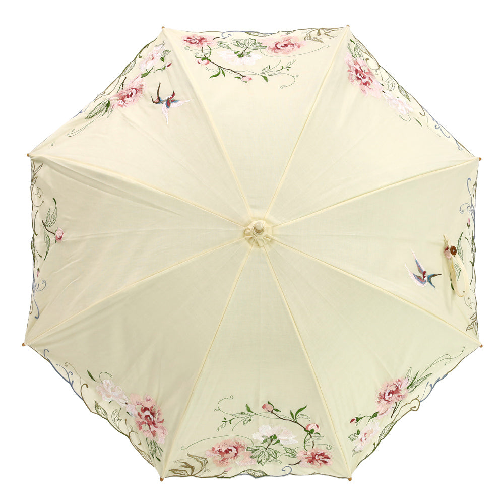 芍薬刺繍かわず張り 晴雨兼用長日傘 (日本製)