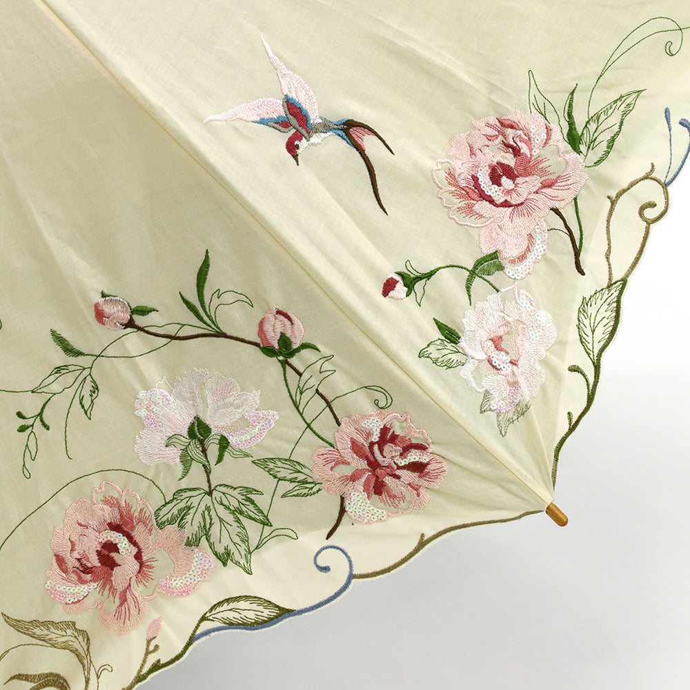 芍薬刺繍かわず張り 晴雨兼用長日傘 (日本製)