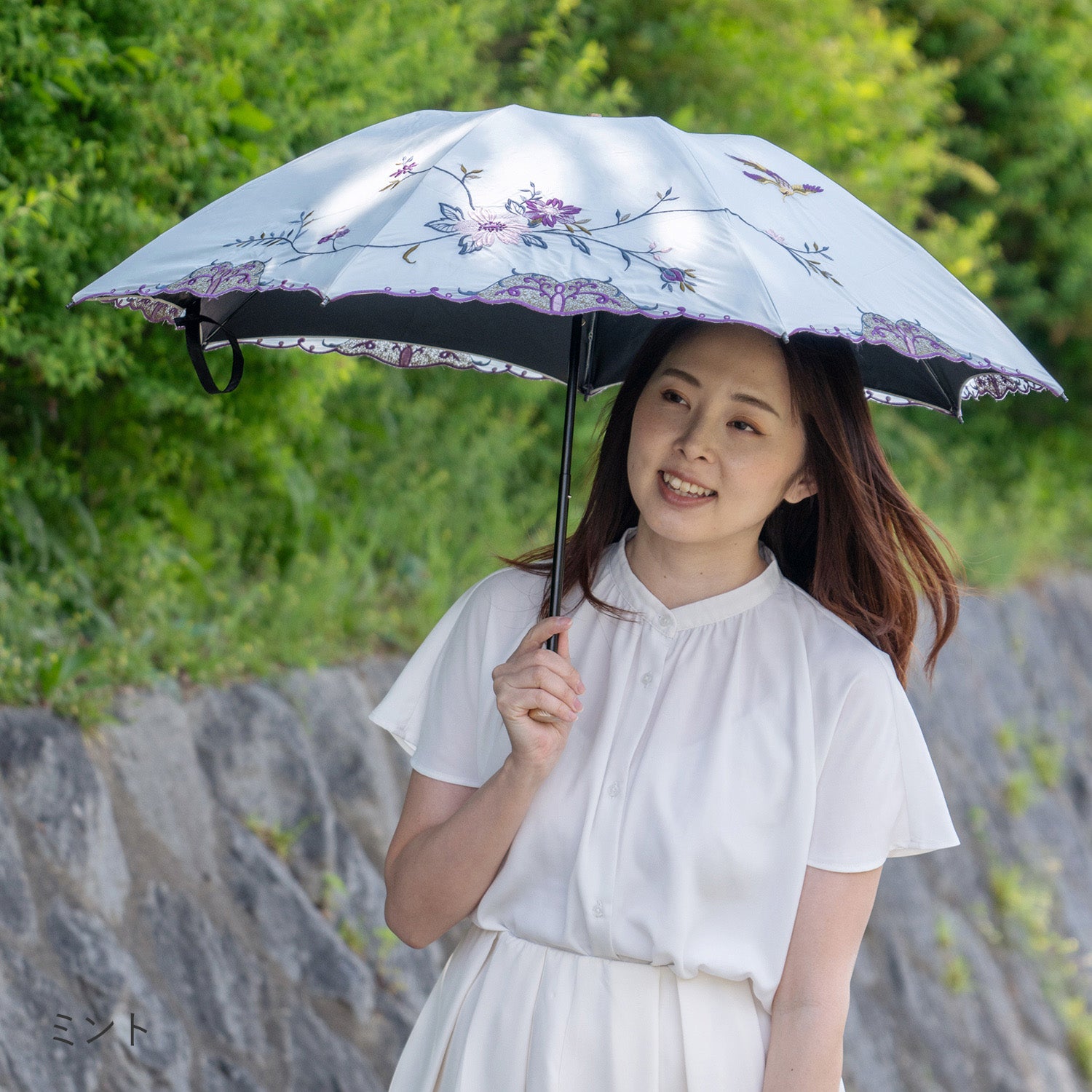 花鳥刺繍晴雨兼用 ミニ折りたたみ日傘&イニシャル手元セット