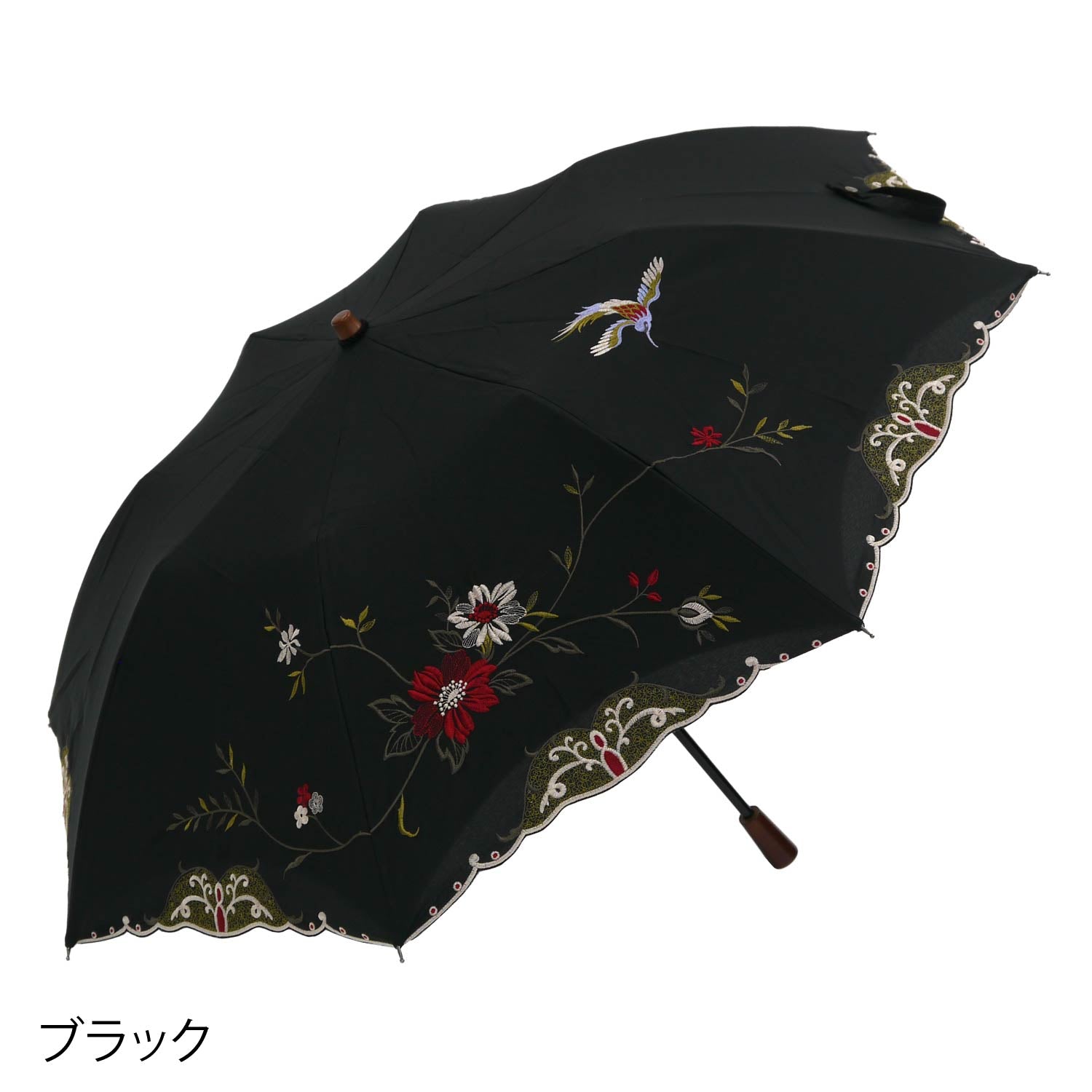 花鳥刺繍かわず張り晴雨兼用ショート折りたたみ日傘