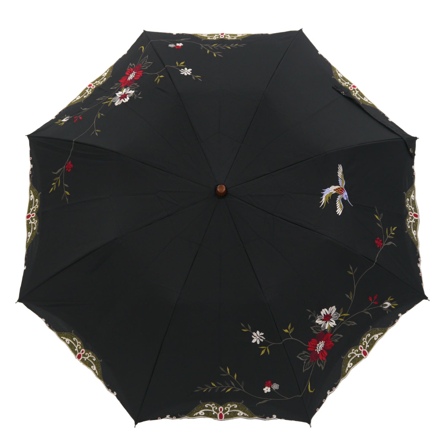 花鳥刺繍かわず張り晴雨兼用ショート折りたたみ日傘