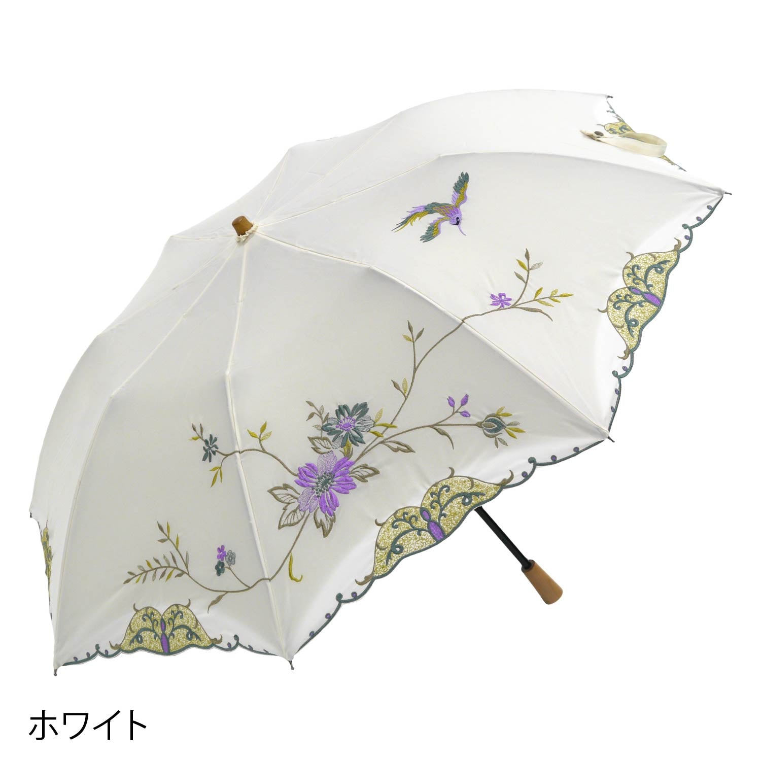 花鳥刺繍かわず張り晴雨兼用ショート折りたたみ日傘