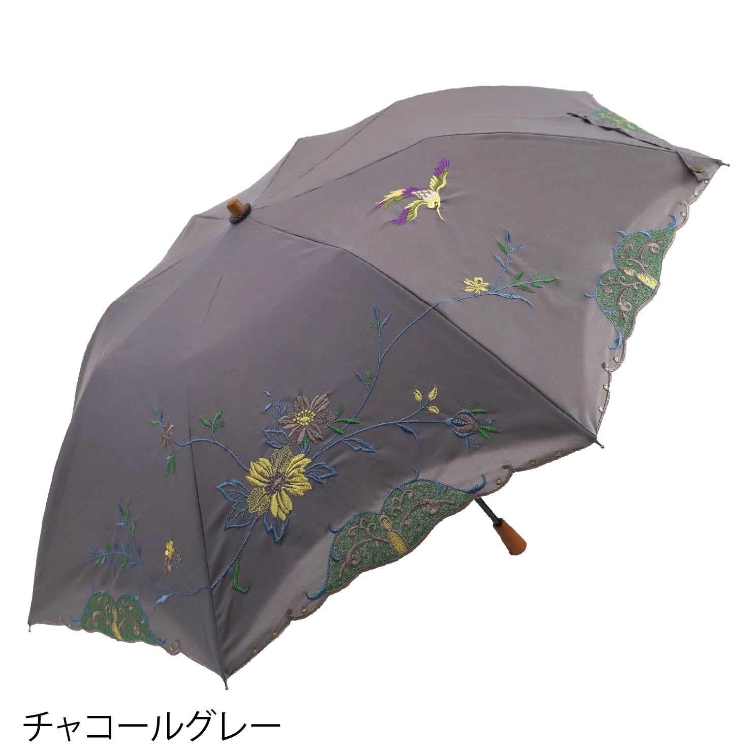 花鳥刺繍かわず張り晴雨兼用ショート折りたたみ日傘