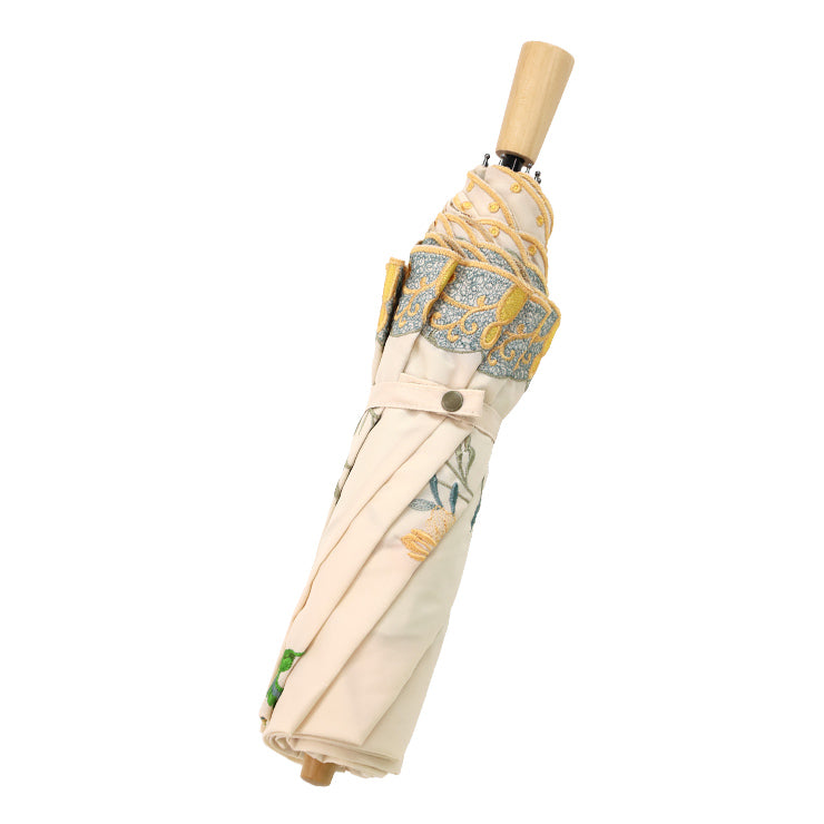 花鳥刺繍かわず張り晴雨兼用ショート折りたたみ日傘