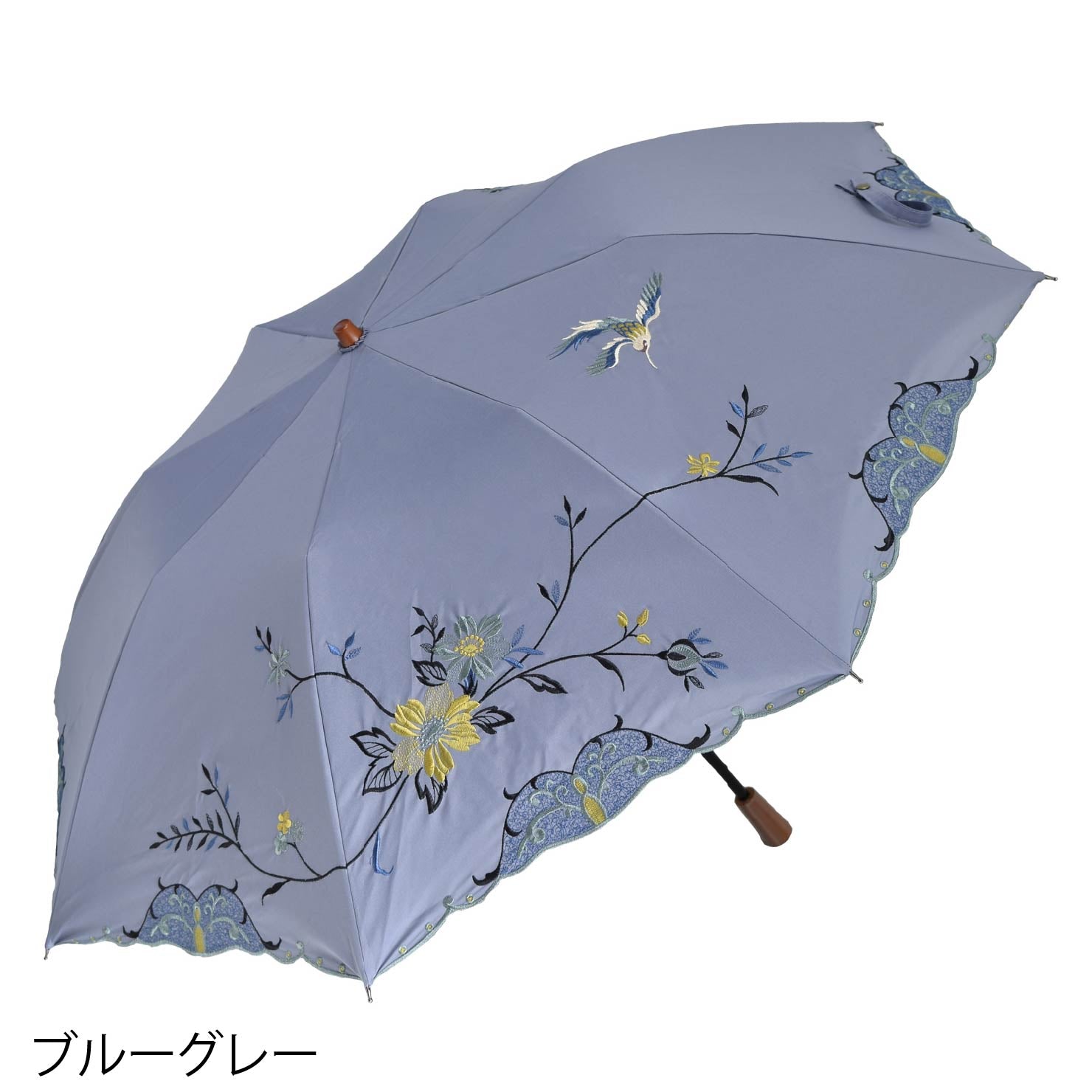 花鳥刺繍かわず張り晴雨兼用ショート折りたたみ日傘