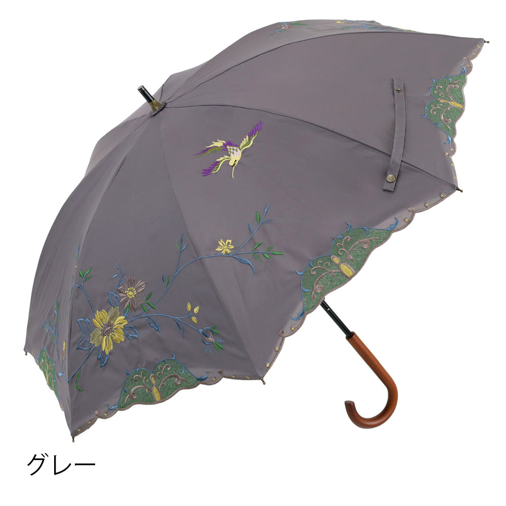 花鳥刺繍かわず張り 晴雨兼用ショート長日傘