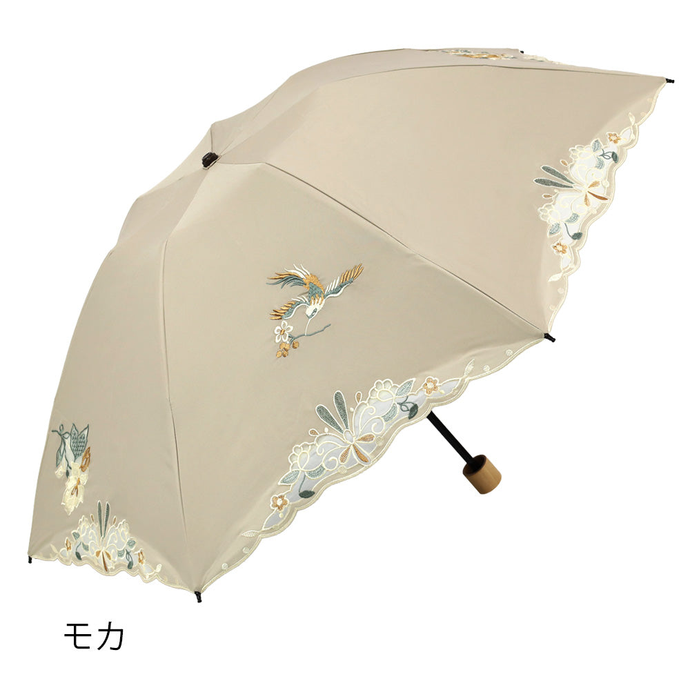 花鳥オーガンジーカットワーク刺繍晴雨兼用 ミニ折りたたみ日傘