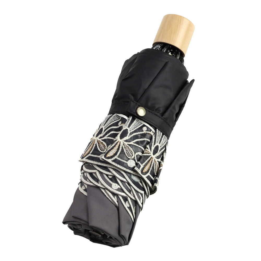 花鳥オーガンジーカットワーク刺繍晴雨兼用 ミニ折りたたみ日傘