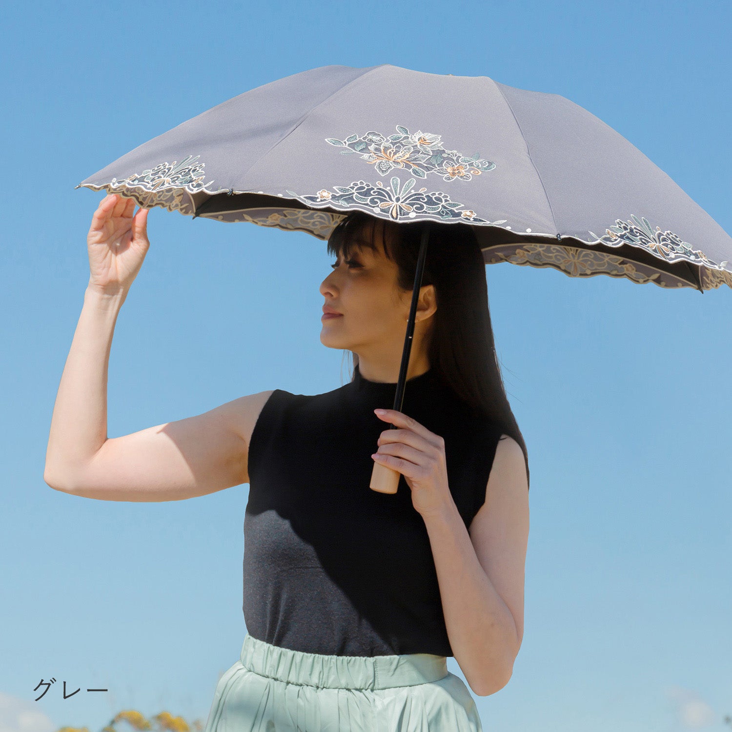 花鳥オーガンジーカットワーク刺繍晴雨兼用 ミニ折りたたみ日傘