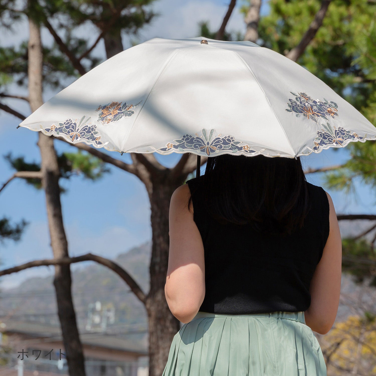 花鳥オーガンジーカットワーク刺繍晴雨兼用 ミニ折りたたみ日傘