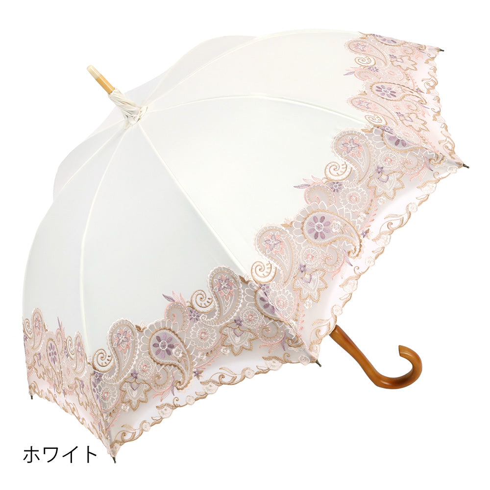 更紗ペーズリーオーガンジー カットワーク刺繍かわず張り 晴雨兼用長日傘