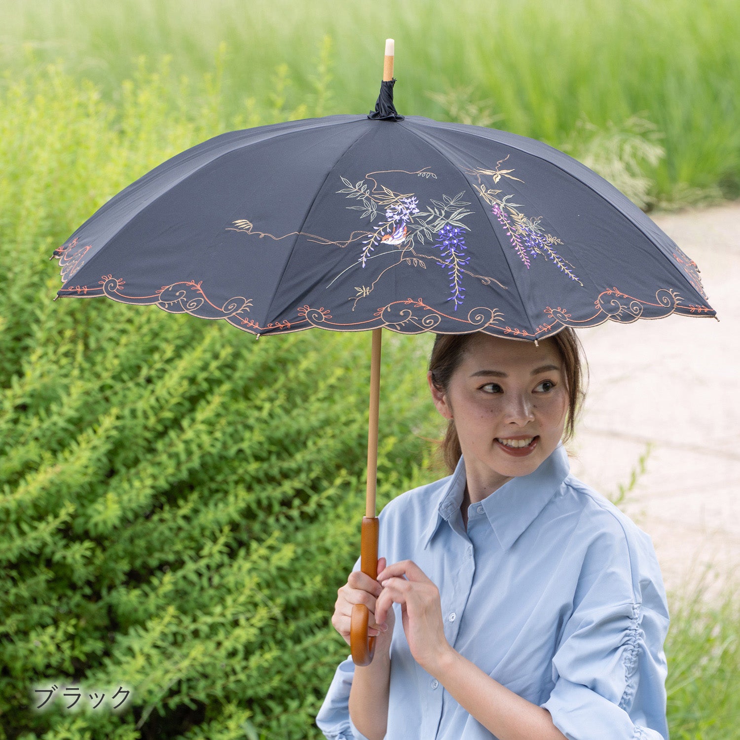 藤花刺繍かわず張り 晴雨兼用長日傘