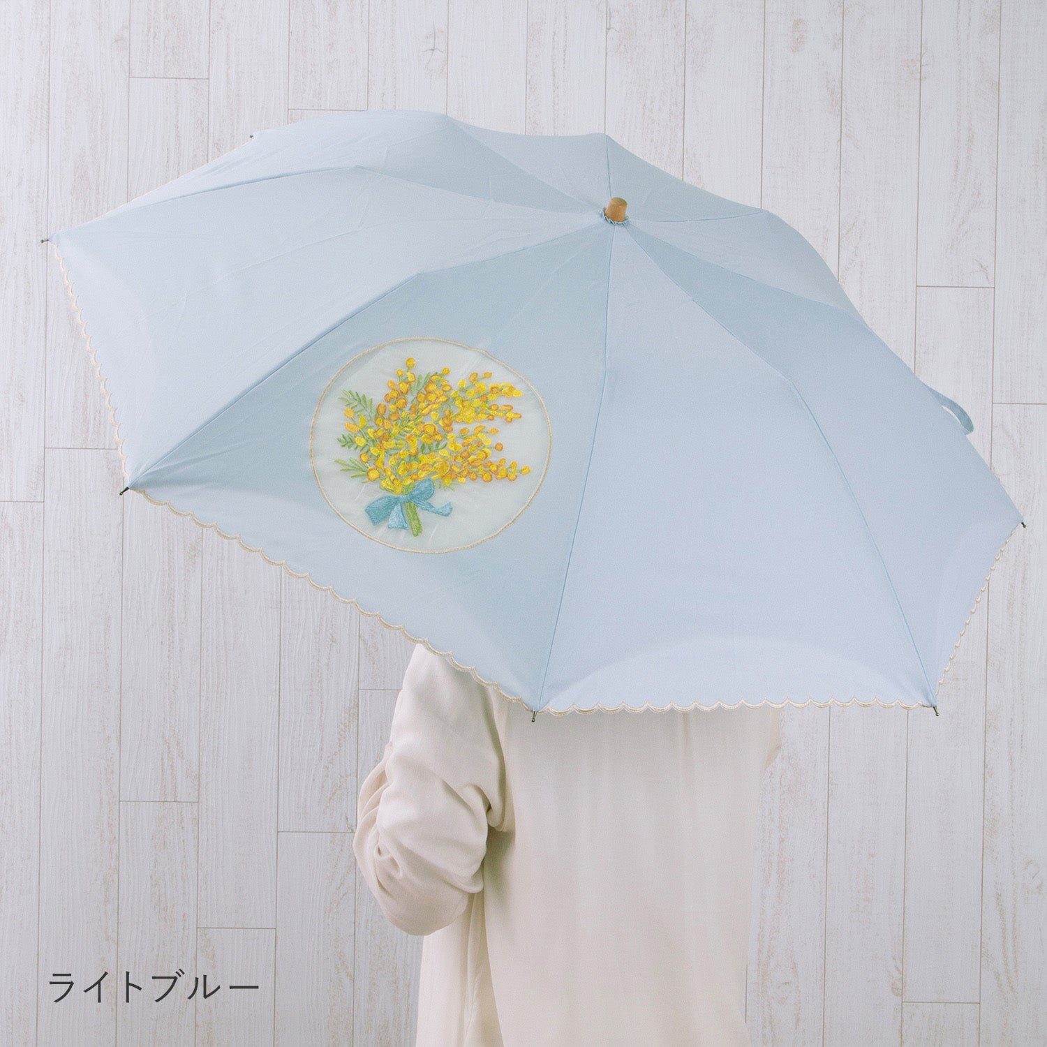 ミモザオーガンジーカットワーク刺繍かわず張り晴雨兼用ショート折りたたみ日傘