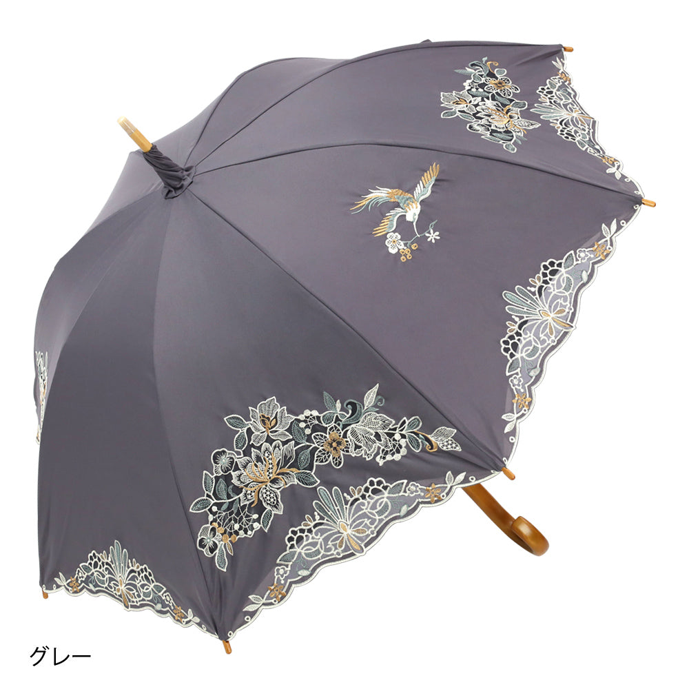 花鳥オーガンジーカットワーク 刺繍かわず張り晴雨兼用 長日傘