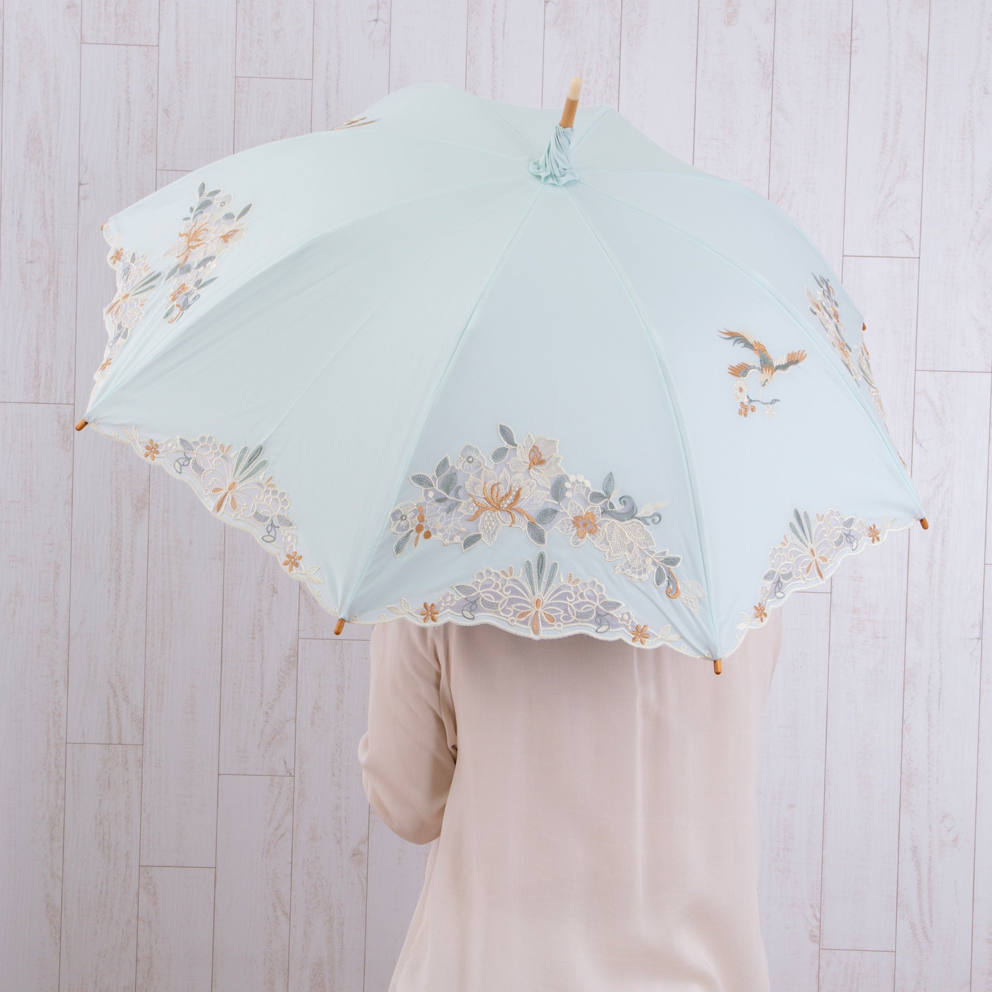 花鳥オーガンジーカットワーク 刺繍かわず張り晴雨兼用 長日傘