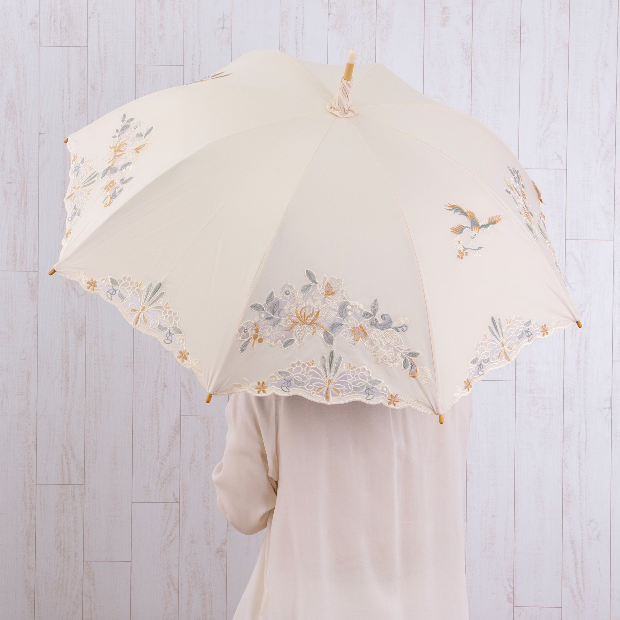 花鳥オーガンジーカットワーク 刺繍かわず張り晴雨兼用 長日傘