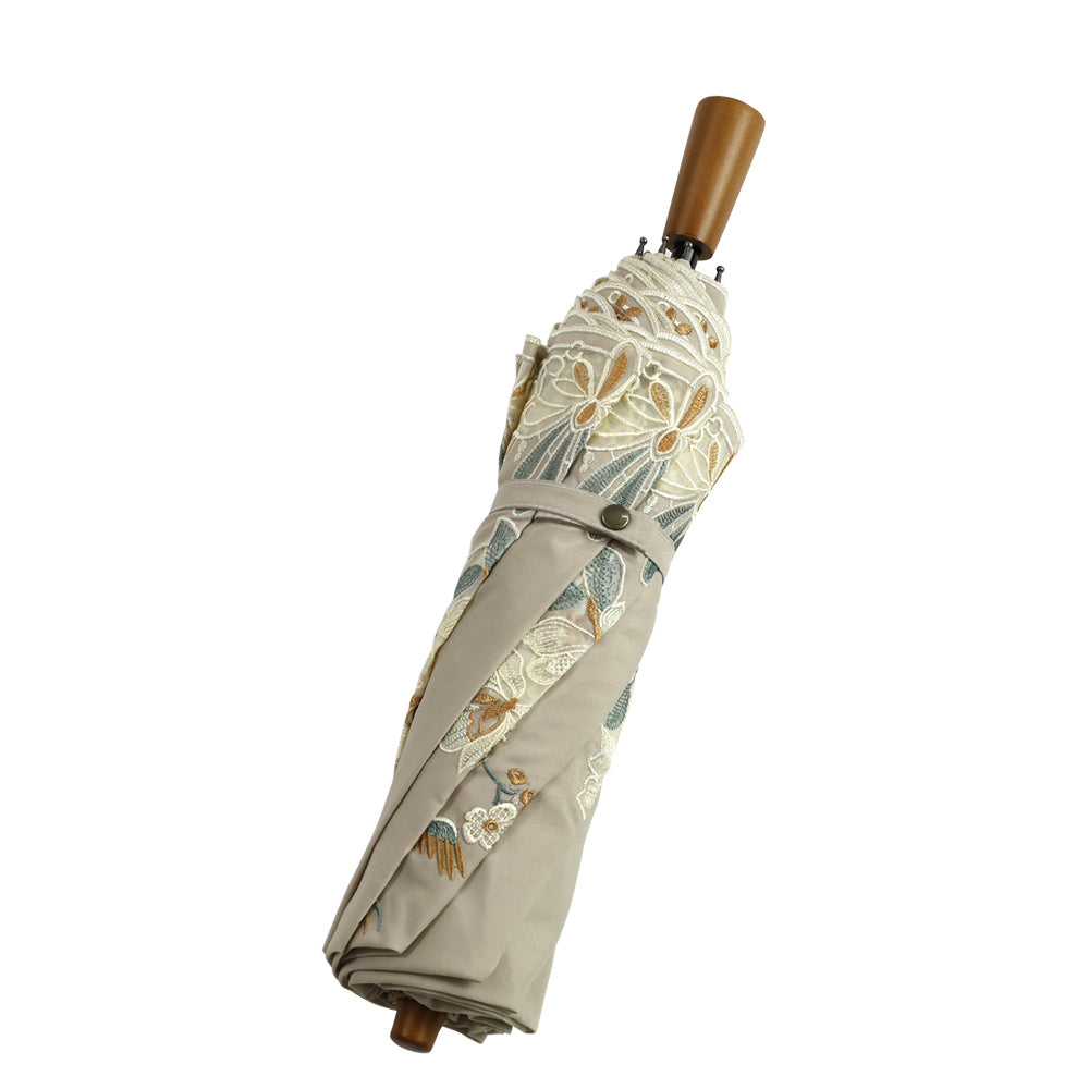 花鳥オーガンジーカットワーク 刺繍かわず張り晴雨兼用 ショート折日傘