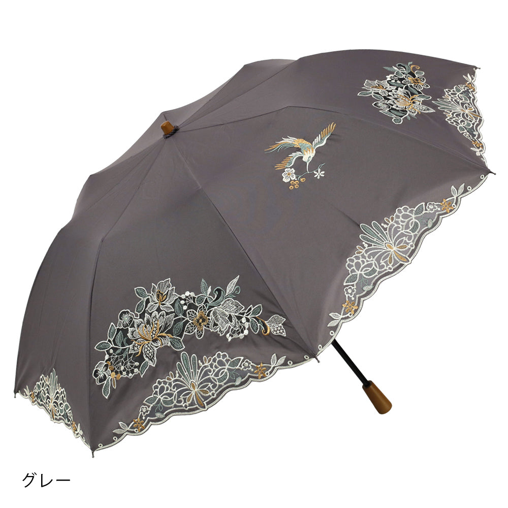 花鳥オーガンジーカットワーク 刺繍かわず張り晴雨兼用 ショート折日傘