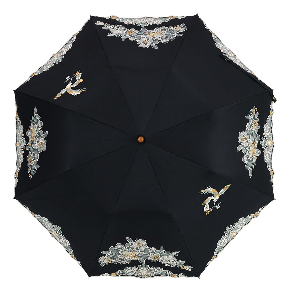 花鳥オーガンジーカットワーク 刺繍かわず張り晴雨兼用 ショート折日傘