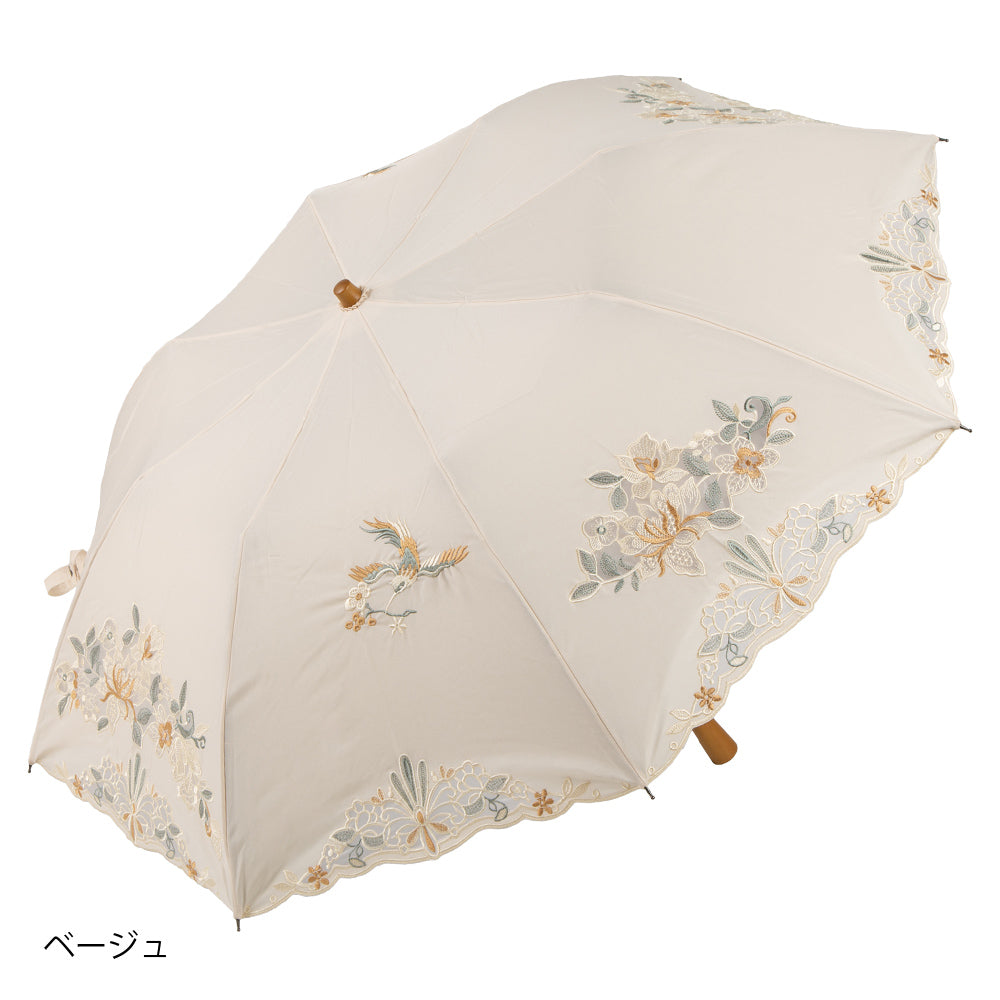 花鳥オーガンジーカットワーク 刺繍かわず張り晴雨兼用 ショート折日傘