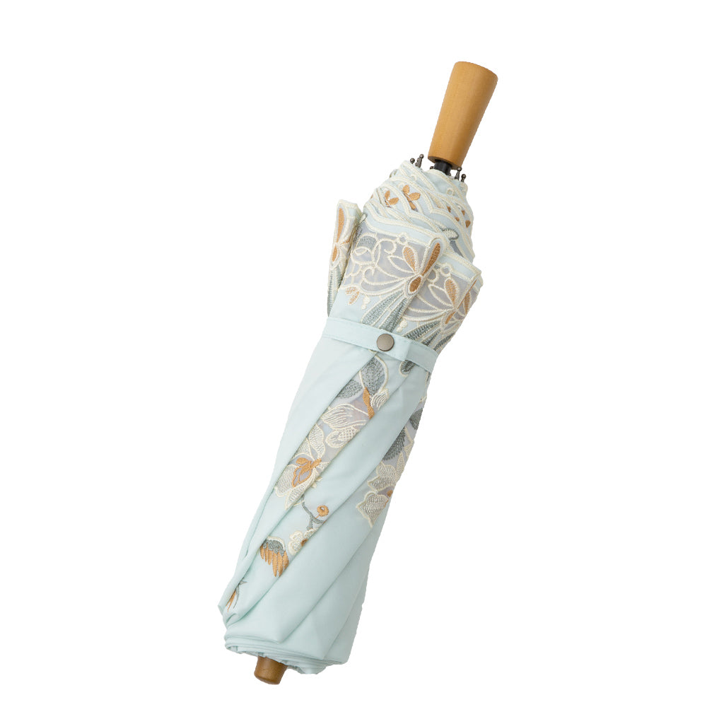 花鳥オーガンジーカットワーク 刺繍かわず張り晴雨兼用 ショート折日傘