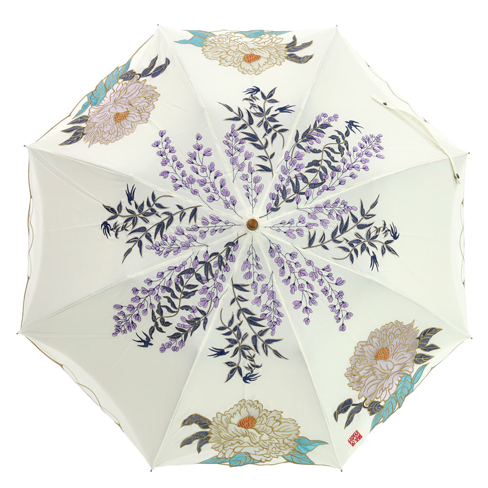Kiyan蓮花・牡丹オーガンジーカットワーク刺繍 かわず張りショート折日傘