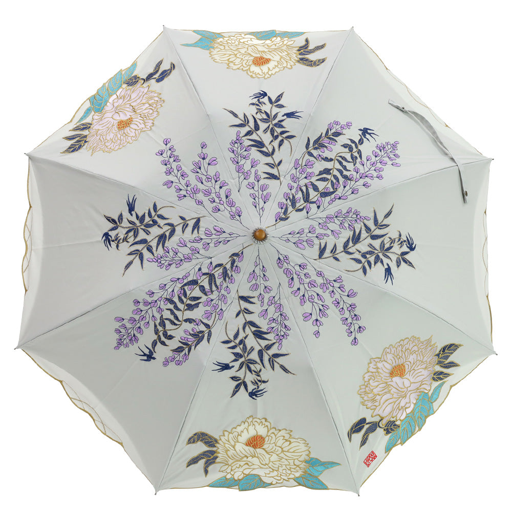 Kiyan蓮花・牡丹オーガンジーカットワーク刺繍 かわず張りショート折日傘
