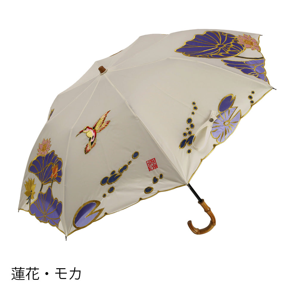 Kiyan蓮花・牡丹オーガンジーカットワーク刺繍 かわず張りショート折日傘