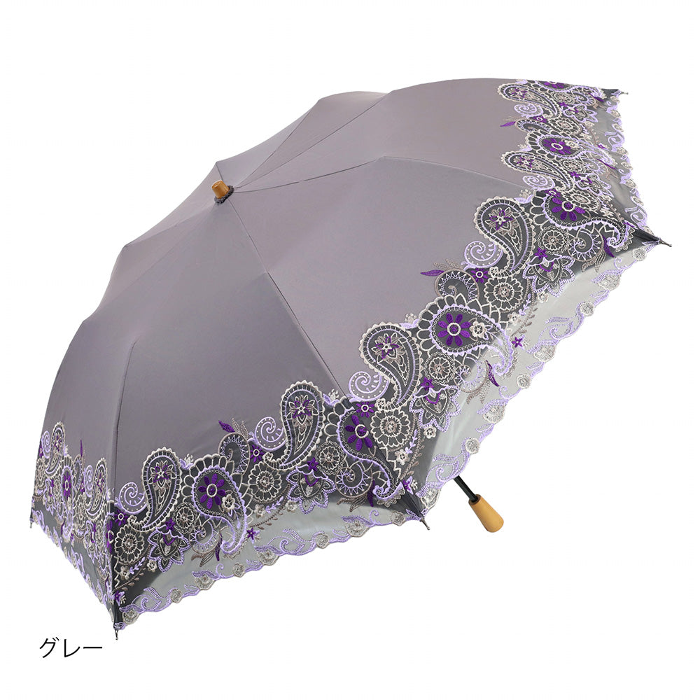 更紗ペーズリーオーガンジー カットワーク刺繍かわず張り 晴雨兼用ショート折日傘