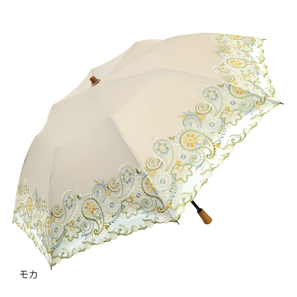 更紗ペーズリーオーガンジー カットワーク刺繍かわず張り 晴雨兼用ショート折日傘