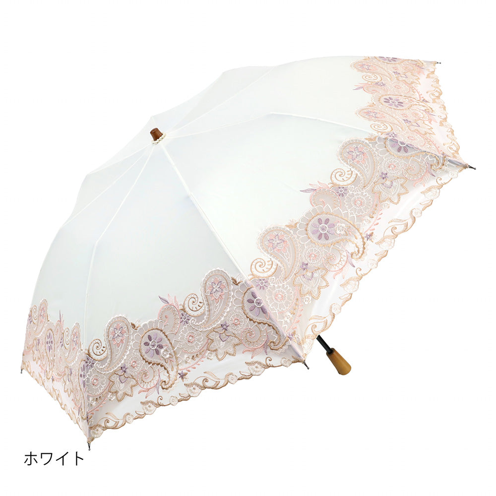 更紗ペーズリーオーガンジー カットワーク刺繍かわず張り 晴雨兼用ショート折日傘