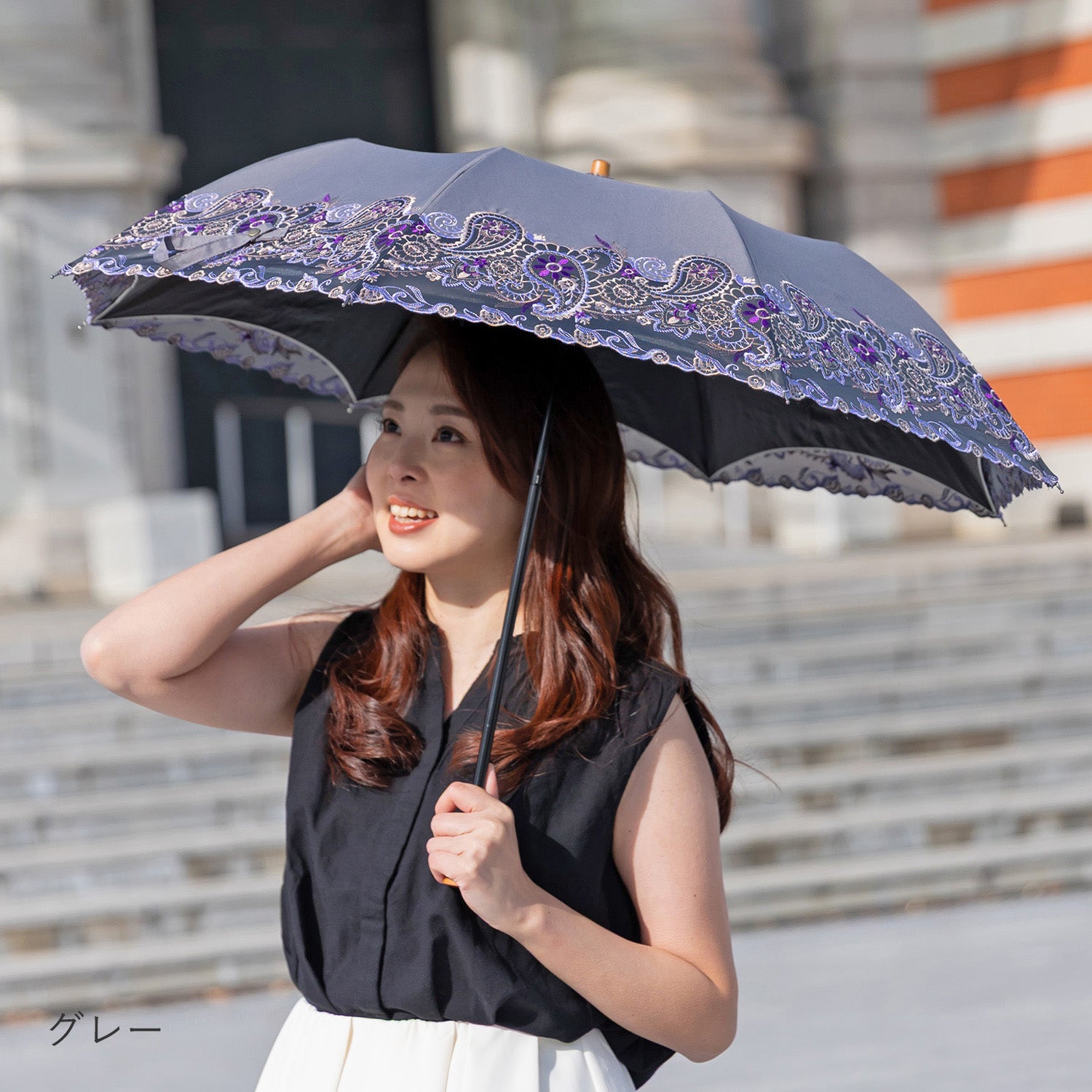 更紗ペーズリーオーガンジー カットワーク刺繍かわず張り 晴雨兼用ショート折日傘