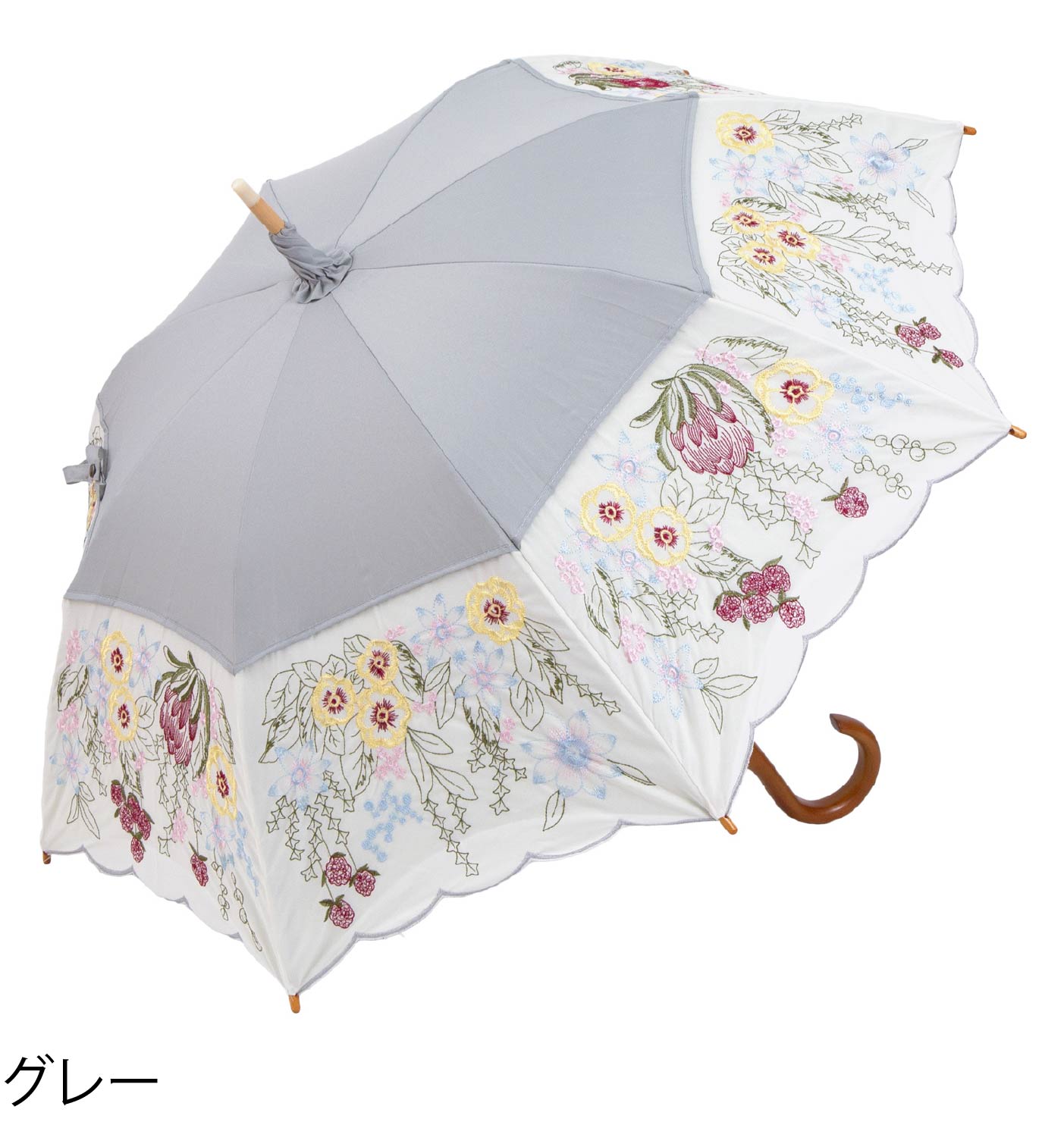 花束みたいな刺繍 かわず張り晴雨兼用長日傘