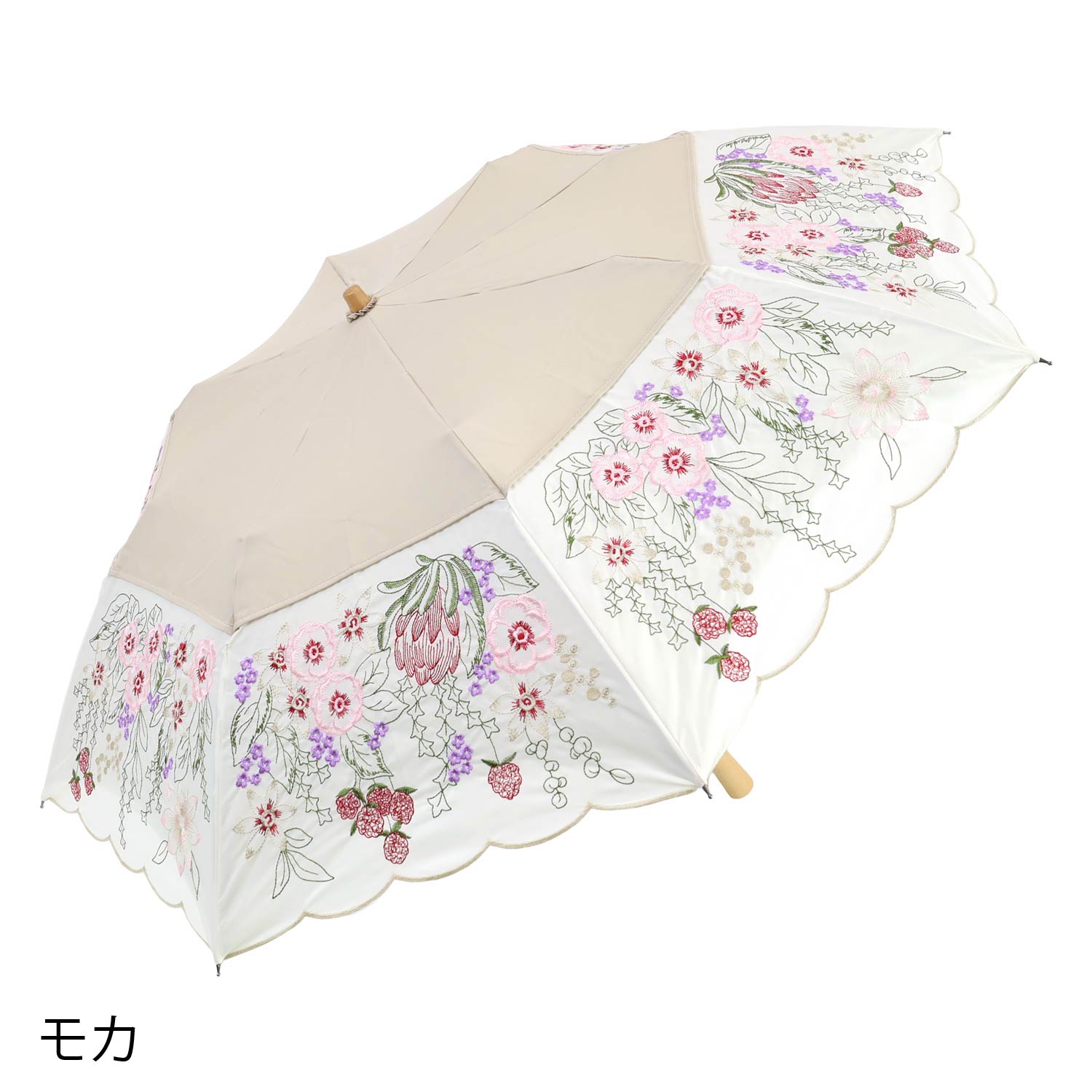 花束みたいな刺繍 かわず張り晴雨兼用ショート折日傘