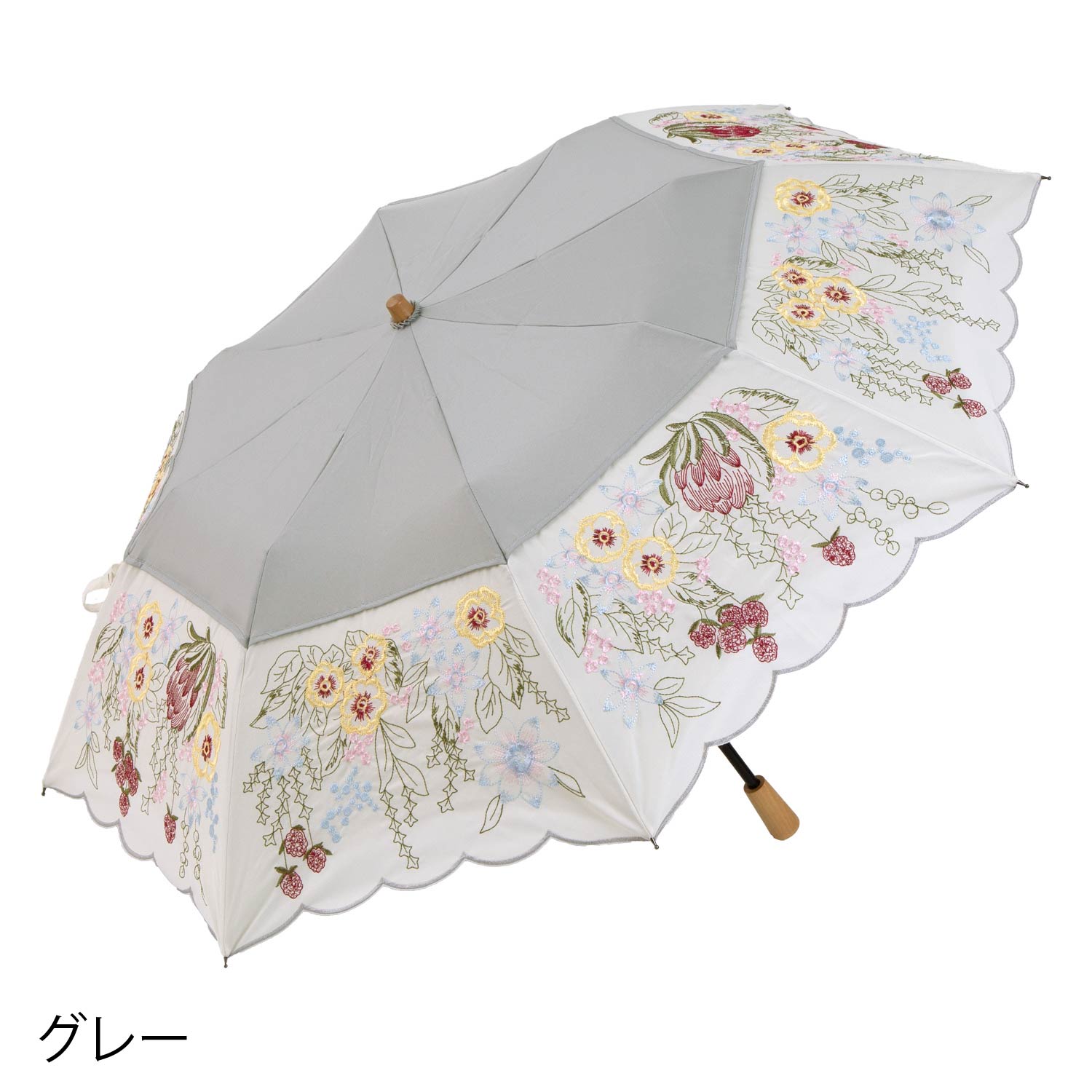 花束みたいな刺繍 かわず張り晴雨兼用ショート折日傘