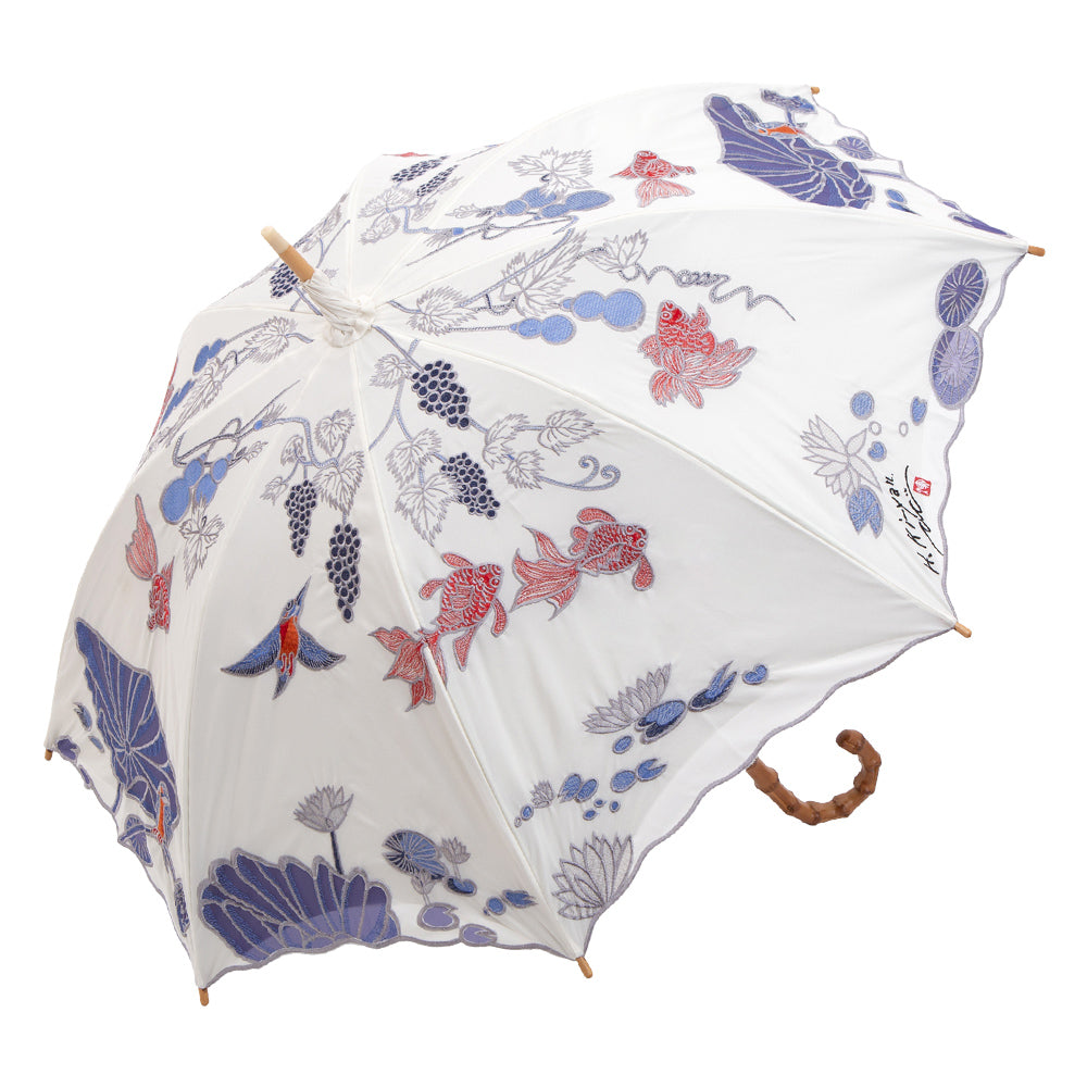 Kiyanサマーウォーターオーガンジーカットワーク刺繍 かわず張り長日傘