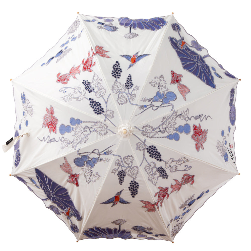 Kiyanサマーウォーターオーガンジーカットワーク刺繍 かわず張りショート折日傘