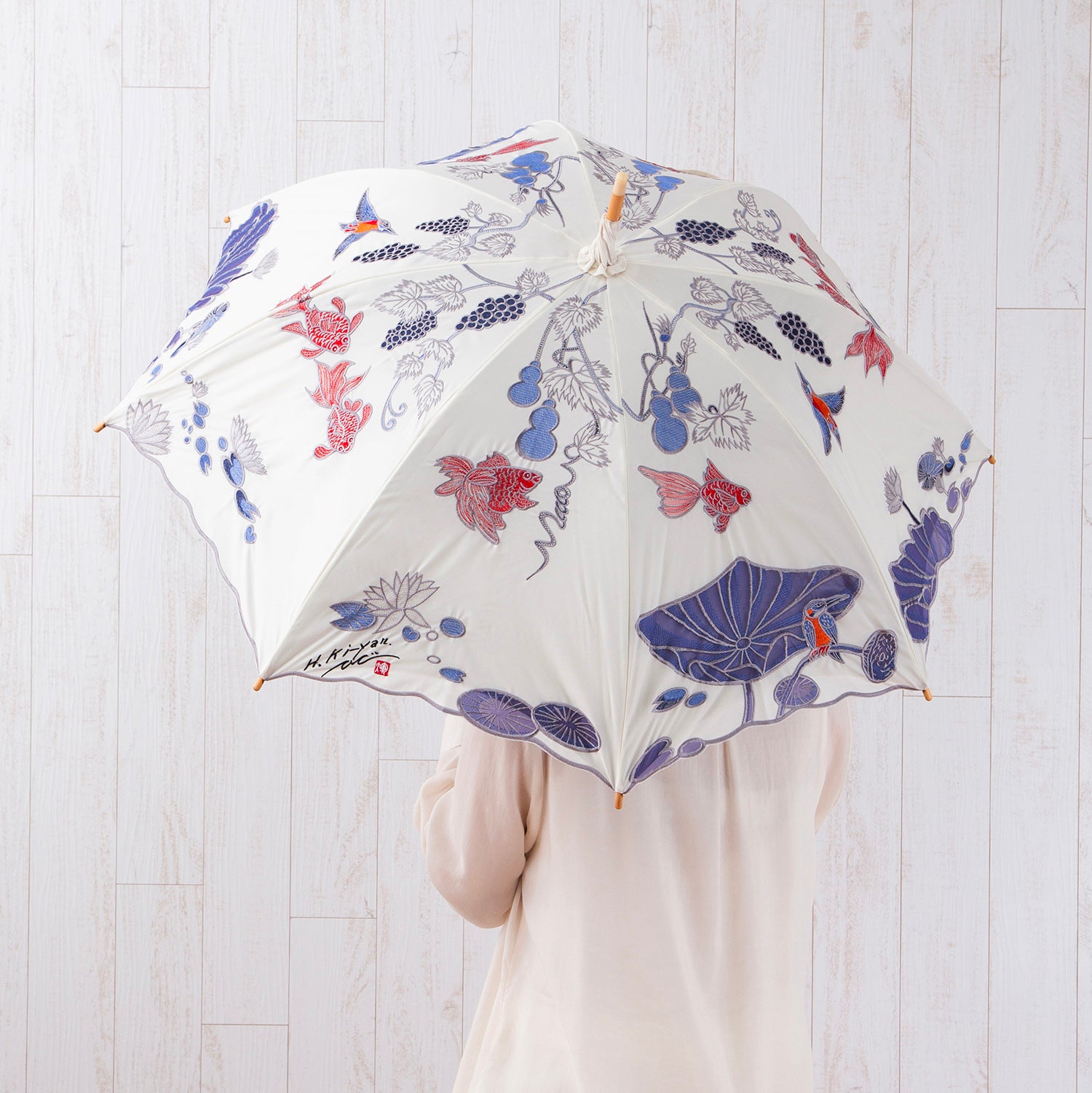 Kiyanサマーウォーターオーガンジーカットワーク刺繍 かわず張り長日傘