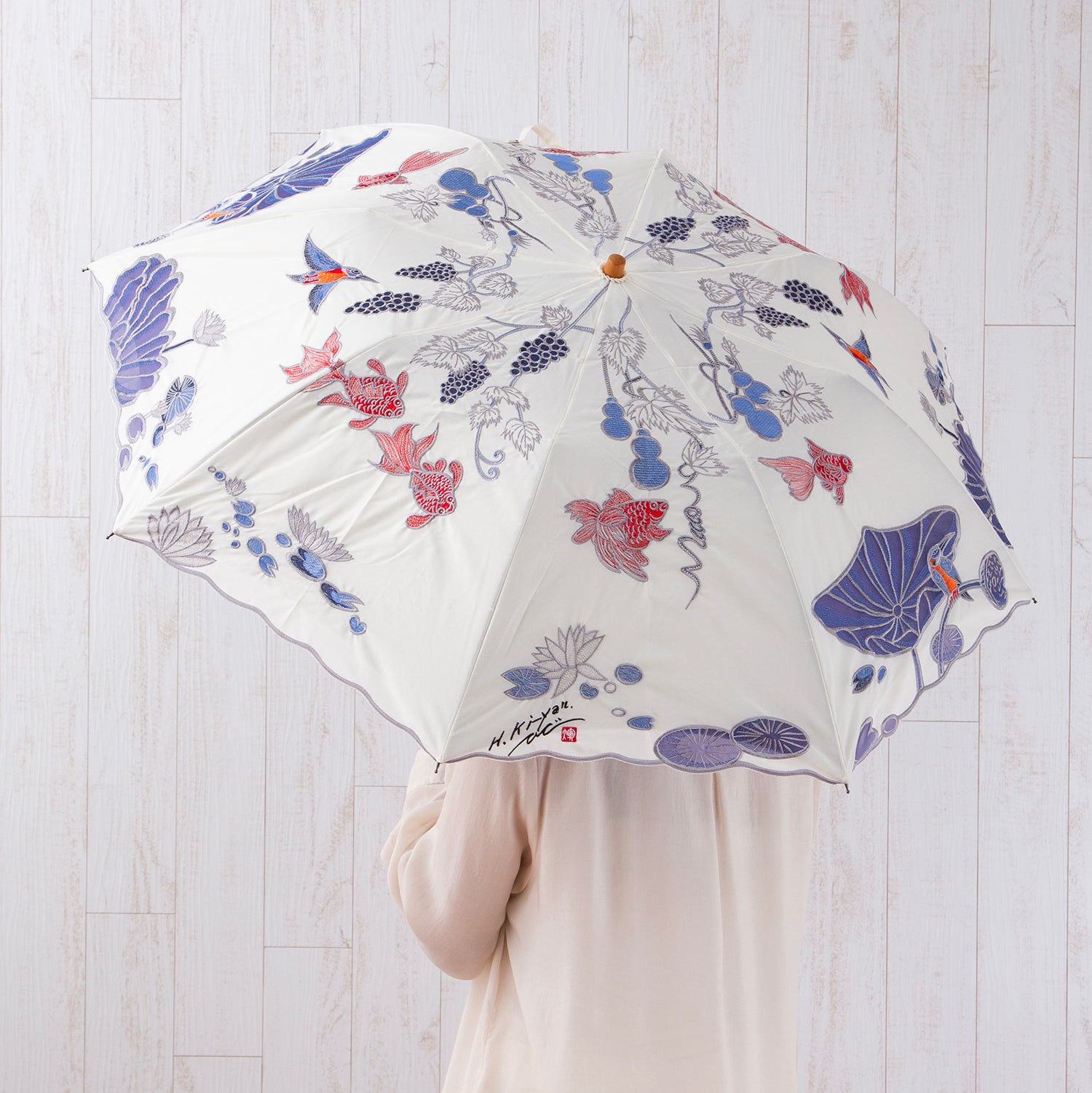 Kiyanサマーウォーターオーガンジーカットワーク刺繍 かわず張りショート折日傘