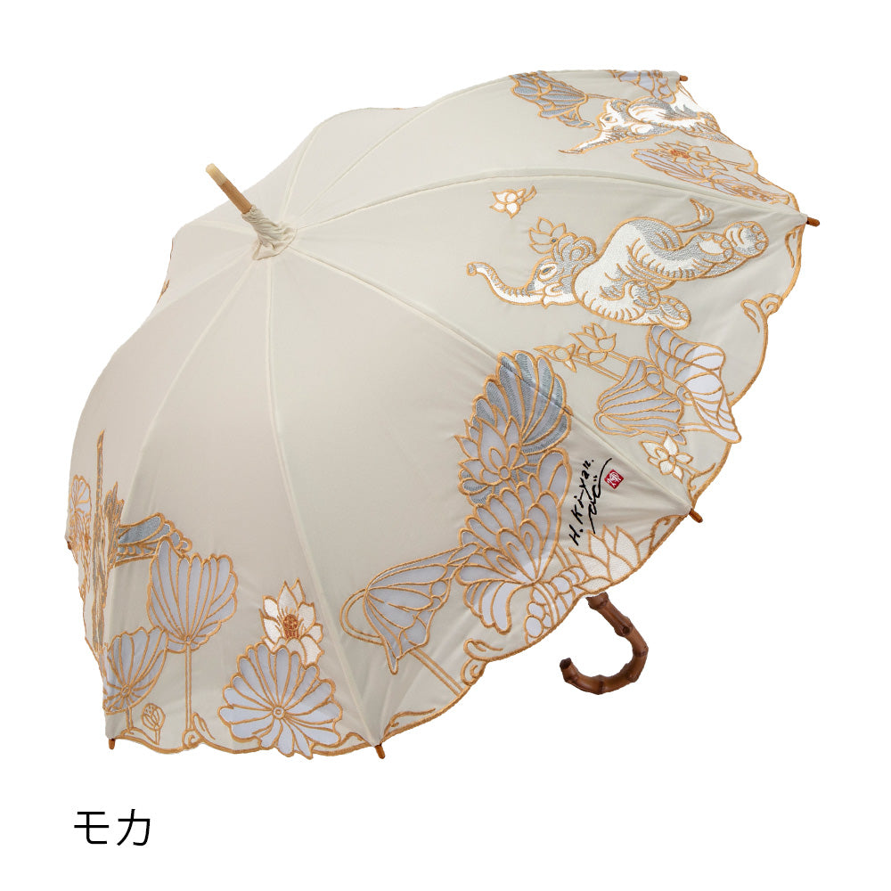 Kiyanホワイトエレファントオーガンジーカットワーク刺繍 かわず張り長日傘