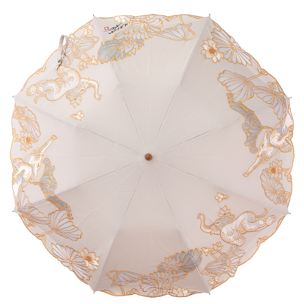 Kiyanホワイトエレファントオーガンジーカットワーク刺繍 かわず張り長日傘
