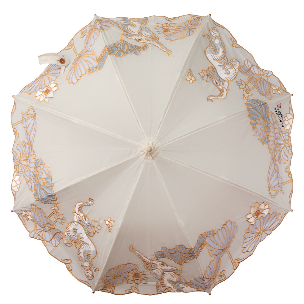 Kiyanホワイトエレファントオーガンジーカットワーク刺繍 かわず張りショート折日傘
