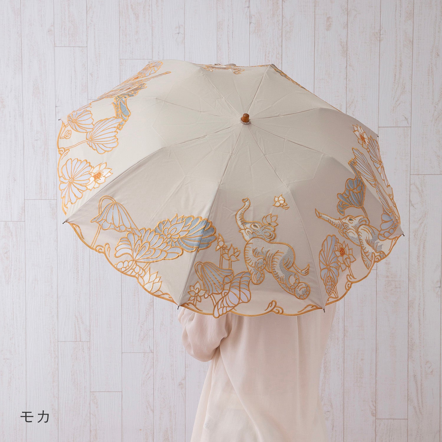 Kiyanホワイトエレファントオーガンジーカットワーク刺繍 かわず張りショート折日傘